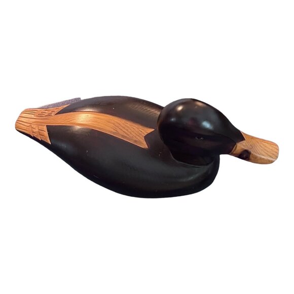 Vtg Carved Wooden Hunting Duck Decoy 14" Long Glass Eye Brown Made in Canada - Picture 8 of 9